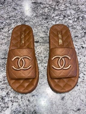 CHANEL Bronze Lamb Skin Slides